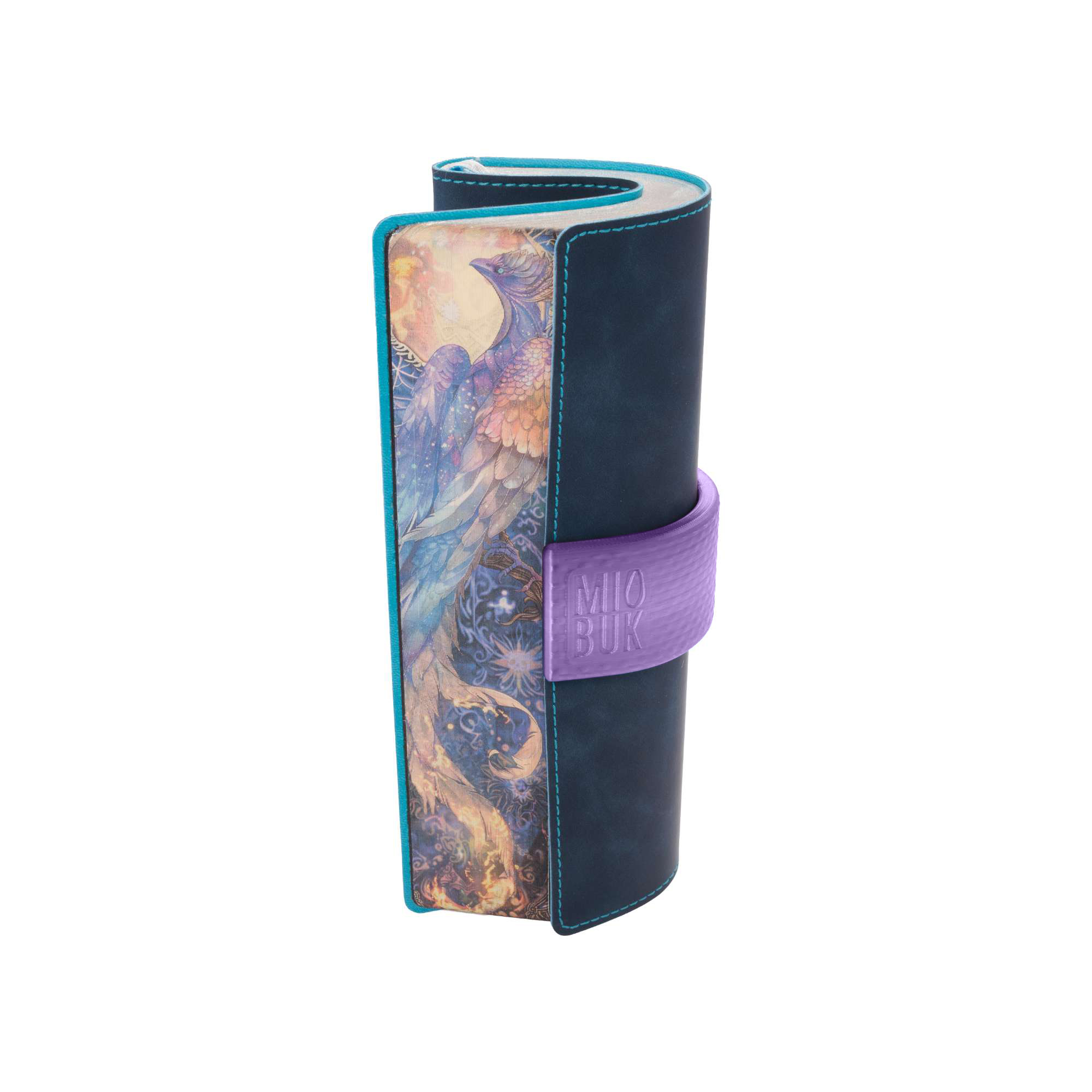 Notizbuch „Perseverance“ aus der „Inner Echo“-Kollektion mit aufgebrachtem MIOBUK®-Ring mit blau-violetten Punkten, Illustration auf der Rückseite