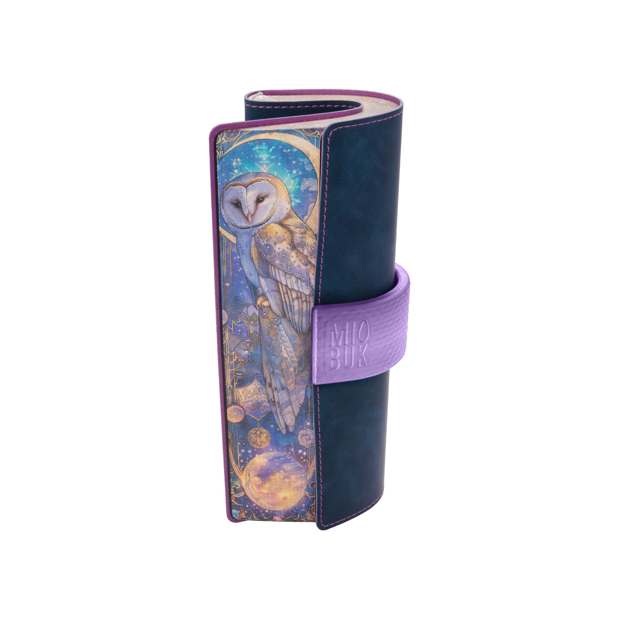 Notizbuch „Insight“ aus der „Inner Echo“-Kollektion mit aufgebrachtem MIOBUK®-Ring mit blau-violetten Punkten, Illustration auf der Rückseite